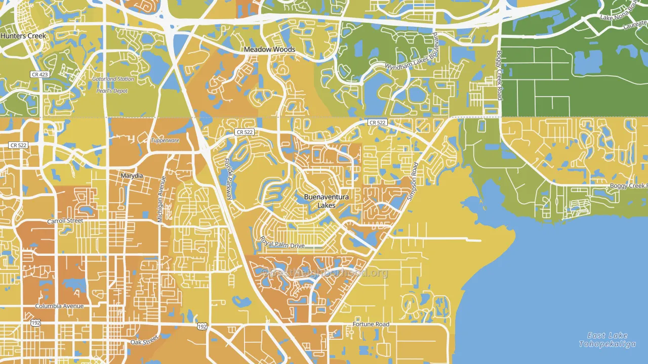Map of the best neighborhoods in the Buenaventura Lakes area, with better matches in green and worse matches in red