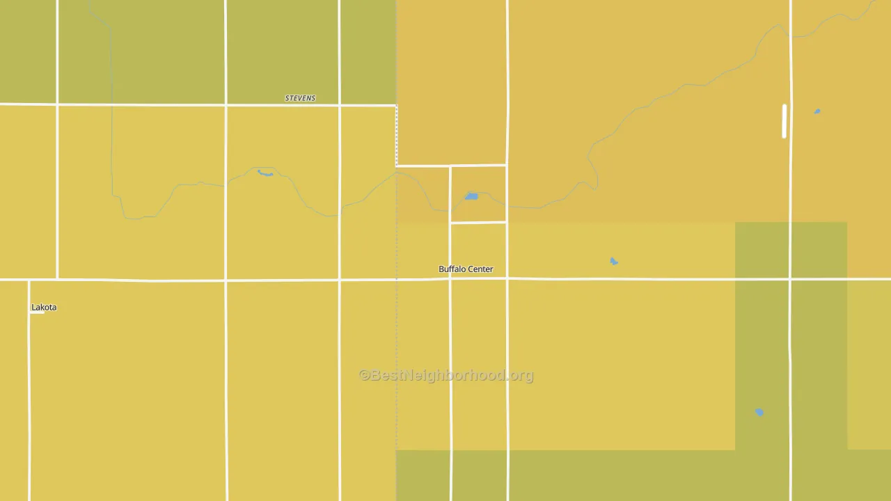 Map of the best neighborhoods in the Buffalo Center area, with better matches in green and worse matches in red