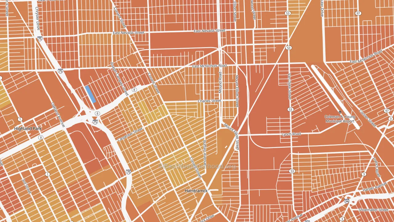 Map of the best neighborhoods in the Buffalo Charles, Detroit area, with better matches in green and worse matches in red
