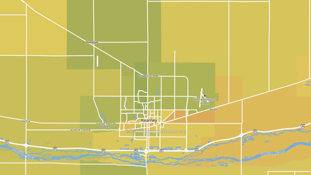 Map of the best neighborhoods in the Buffalo County area, with better matches in green and worse matches in red