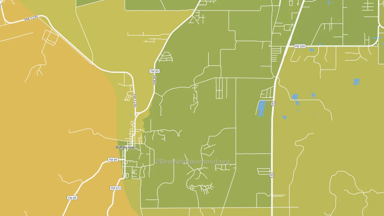 Map of the best neighborhoods in the Buffalo Gap area, with better matches in green and worse matches in red
