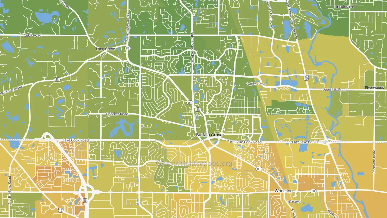 Map of the best neighborhoods in the Buffalo Grove area, with better matches in green and worse matches in red
