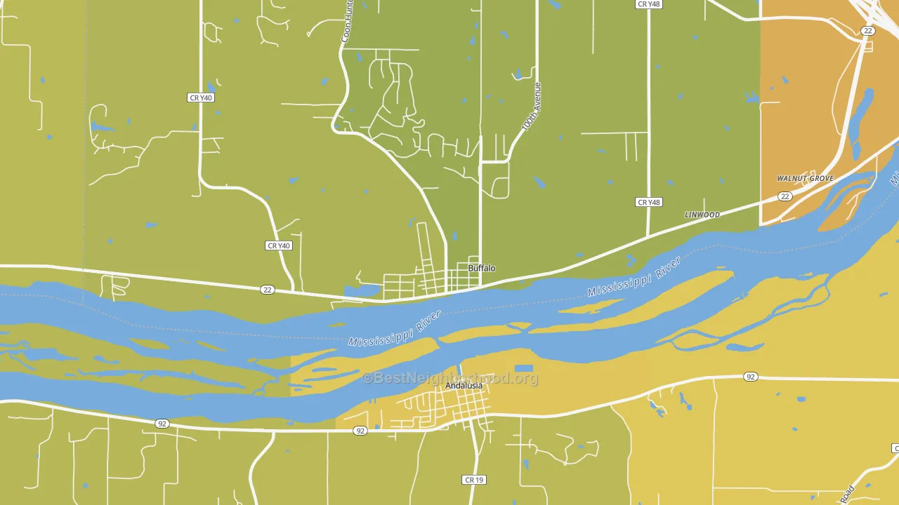 Map of the best neighborhoods in the Buffalo area, with better matches in green and worse matches in red
