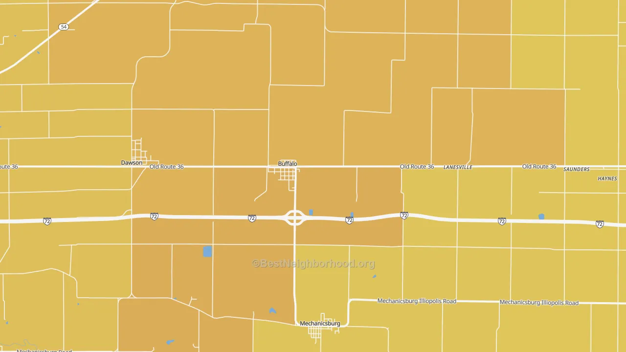 Map of the best neighborhoods in the Buffalo area, with better matches in green and worse matches in red