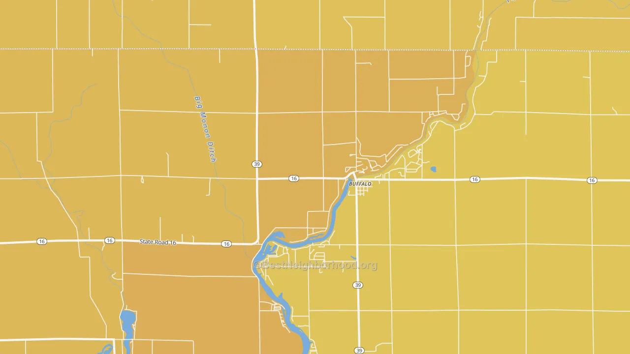 Map of the best neighborhoods in the Buffalo area, with better matches in green and worse matches in red