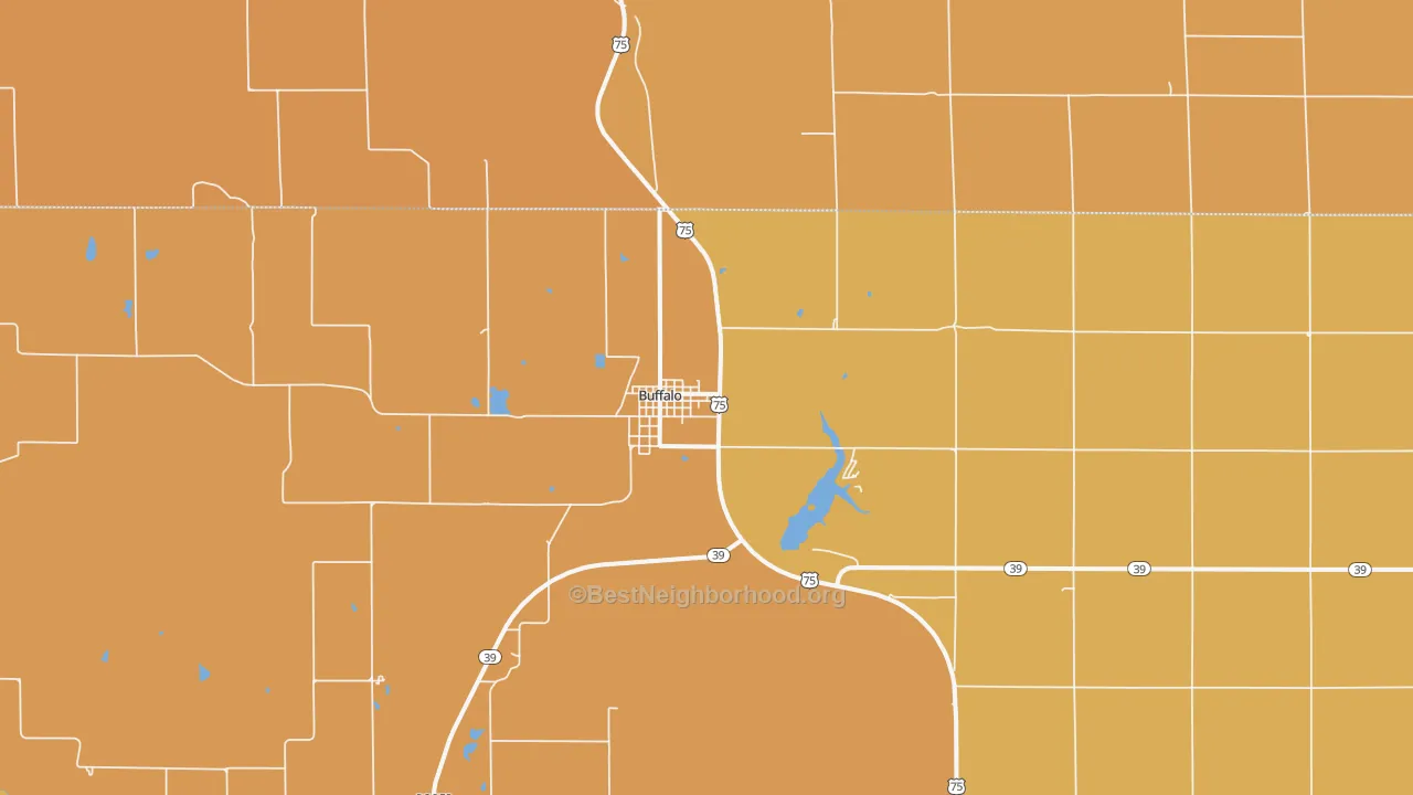 Map of the best neighborhoods in the Buffalo area, with better matches in green and worse matches in red