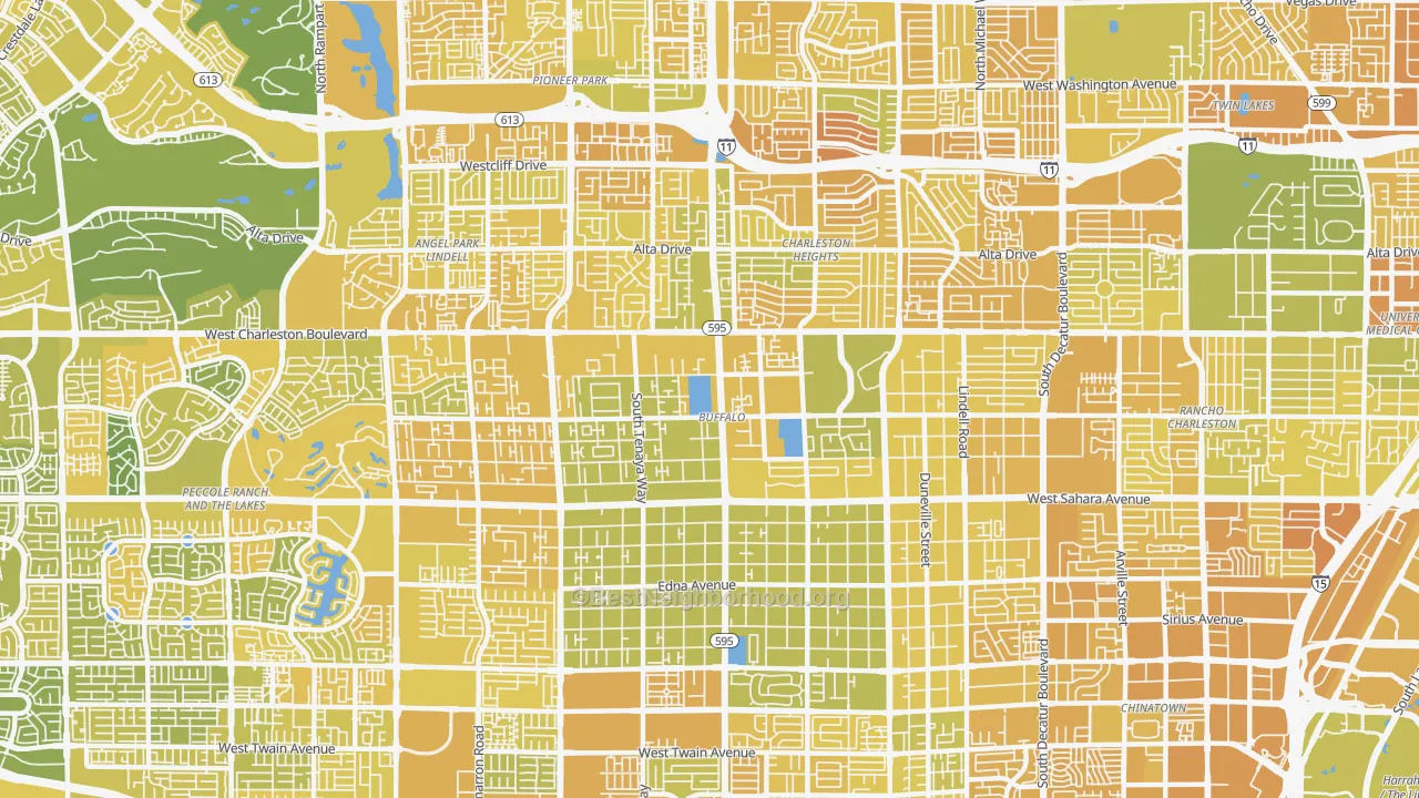 Map of the best neighborhoods in the Buffalo, Las Vegas area, with better matches in green and worse matches in red