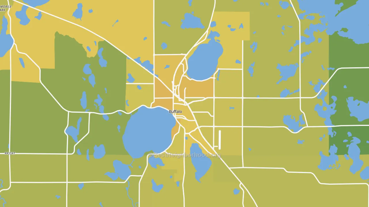 Map of the best neighborhoods in the Buffalo area, with better matches in green and worse matches in red