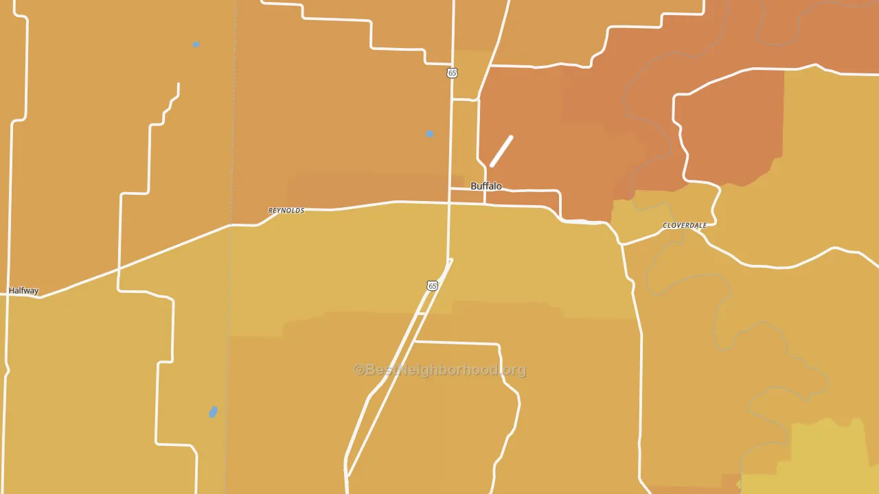 Map of the best neighborhoods in the Buffalo area, with better matches in green and worse matches in red