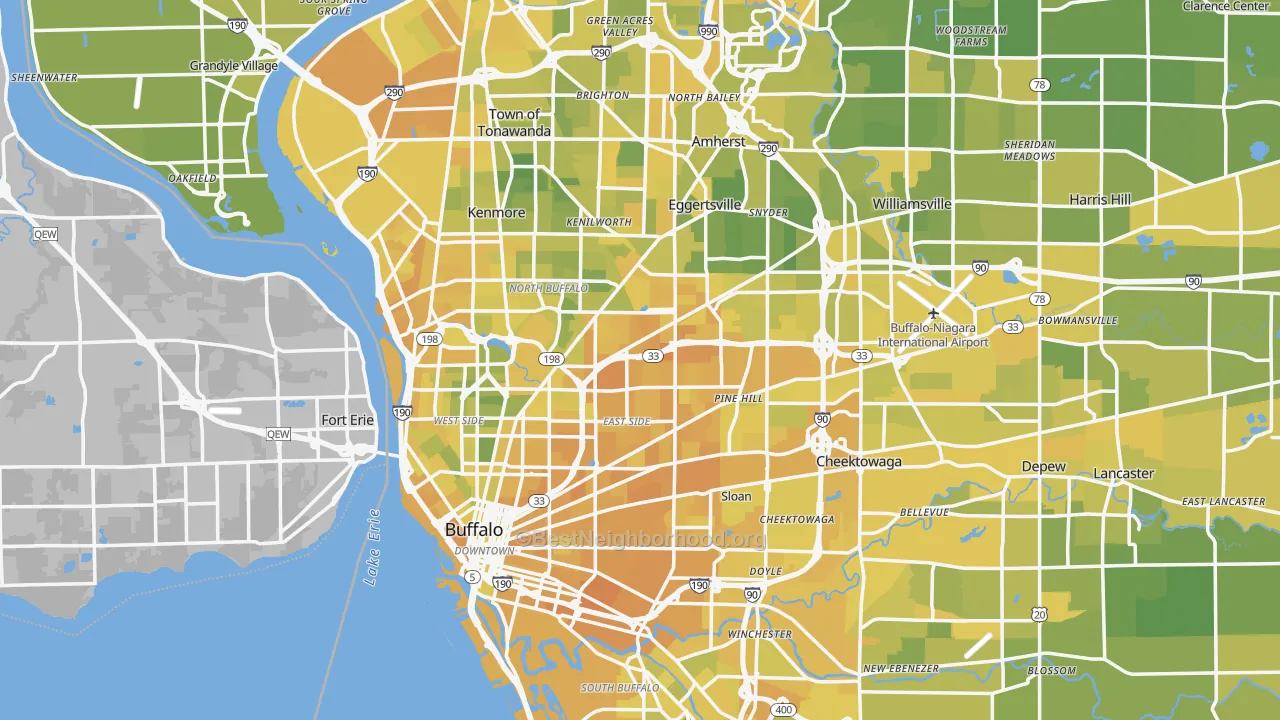 Map of the best neighborhoods in the Buffalo Metro area, with better matches in green and worse matches in red
