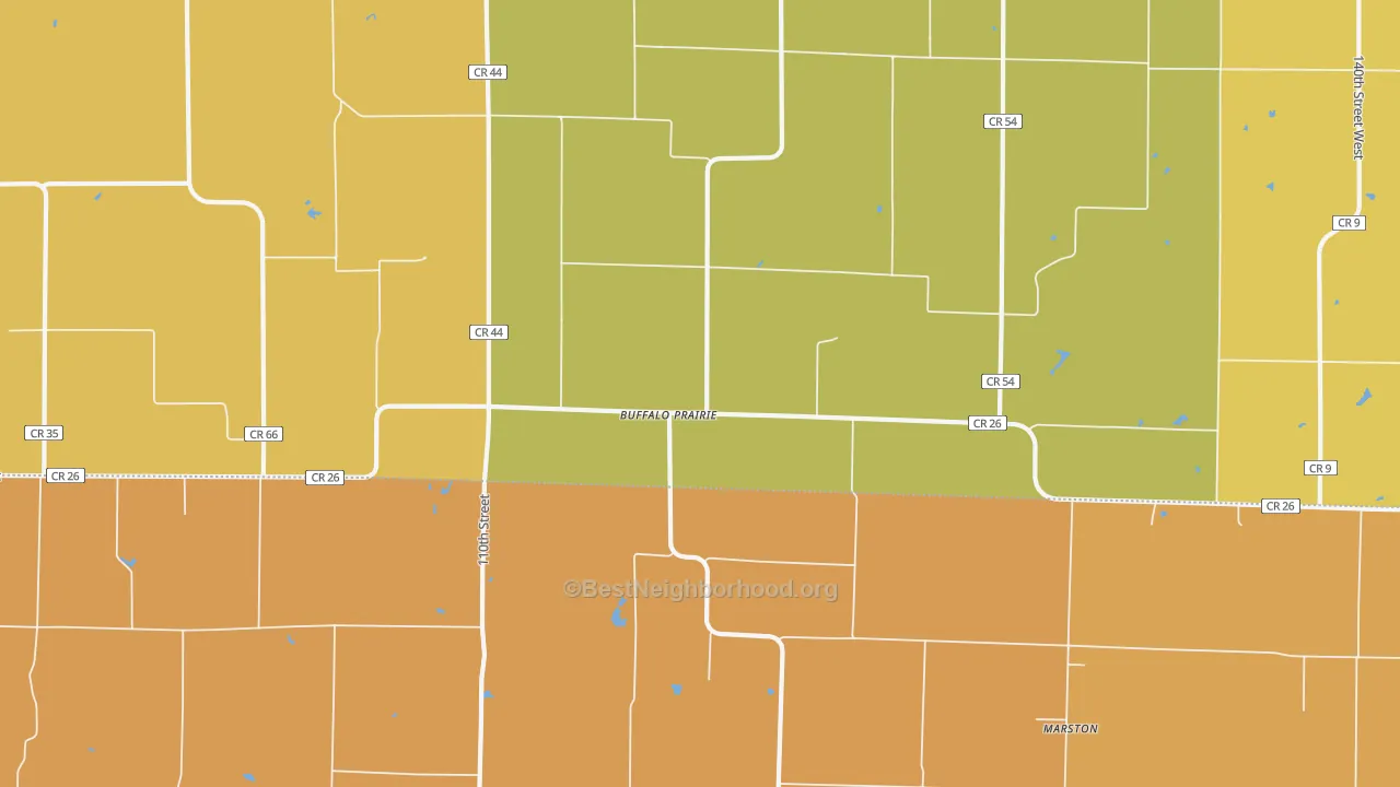 Map of the best neighborhoods in the Buffalo Prairie area, with better matches in green and worse matches in red