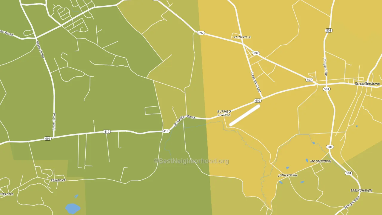 Map of the best neighborhoods in the Buffalo Springs area, with better matches in green and worse matches in red