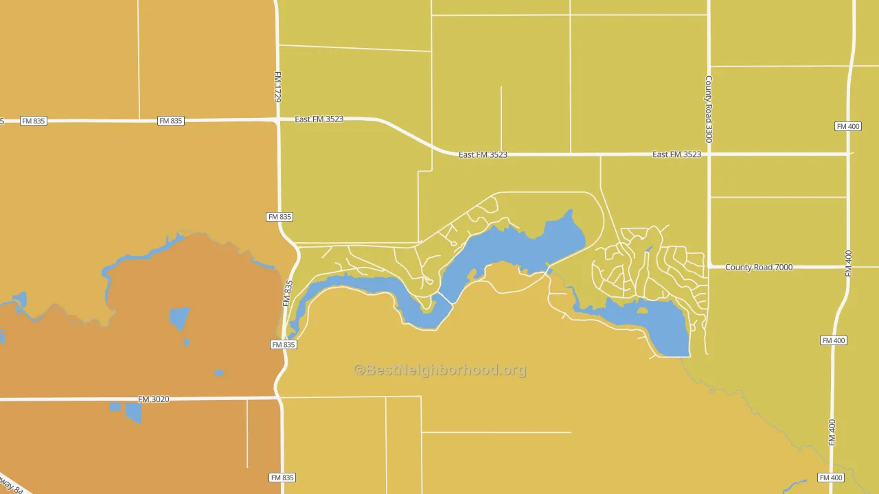 Map of the best neighborhoods in the Buffalo Springs area, with better matches in green and worse matches in red