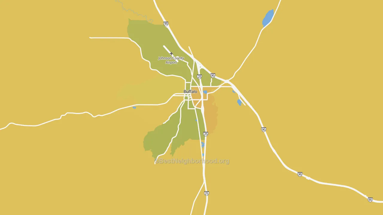 Map of the best neighborhoods in the Buffalo area, with better matches in green and worse matches in red