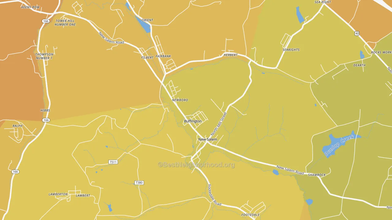 Map of the best neighborhoods in the Buffington area, with better matches in green and worse matches in red