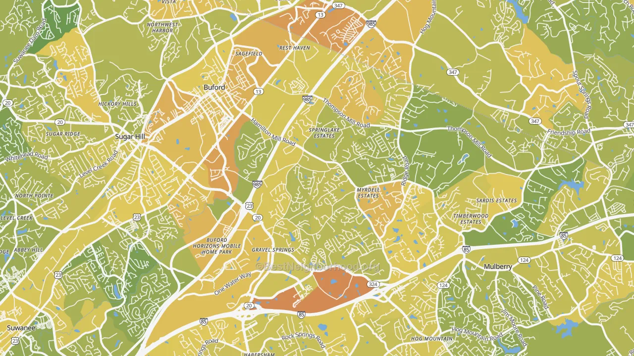 Map of the best neighborhoods in the Buford area, with better matches in green and worse matches in red