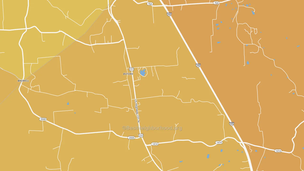 Map of the best neighborhoods in the Buford area, with better matches in green and worse matches in red