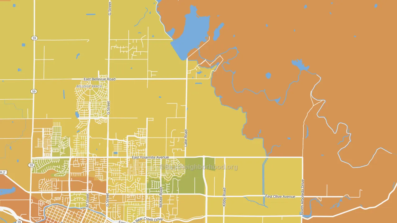 Map of the best neighborhoods in the Buhach area, with better matches in green and worse matches in red