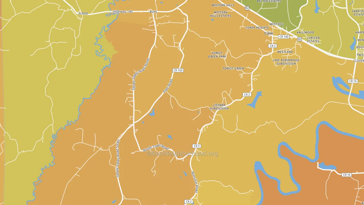 Map of the best neighborhoods in the Buhl area, with better matches in green and worse matches in red