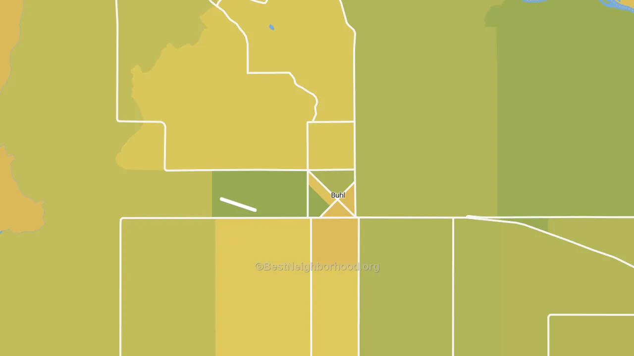 Map of the best neighborhoods in the Buhl area, with better matches in green and worse matches in red