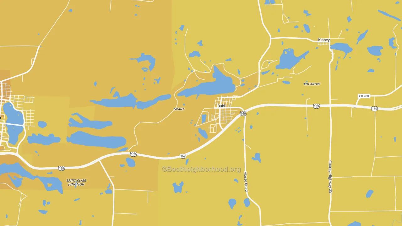 Map of the best neighborhoods in the Buhl area, with better matches in green and worse matches in red