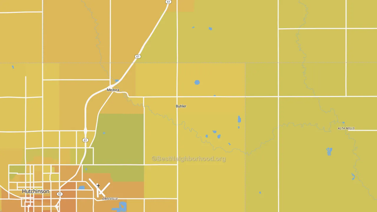 Map of the best neighborhoods in the Buhler area, with better matches in green and worse matches in red