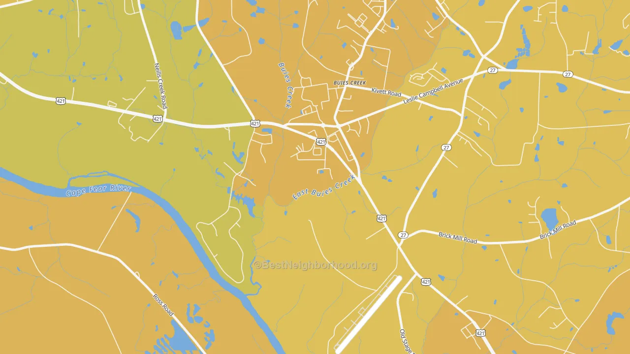 Map of the best neighborhoods in the Buies Creek area, with better matches in green and worse matches in red