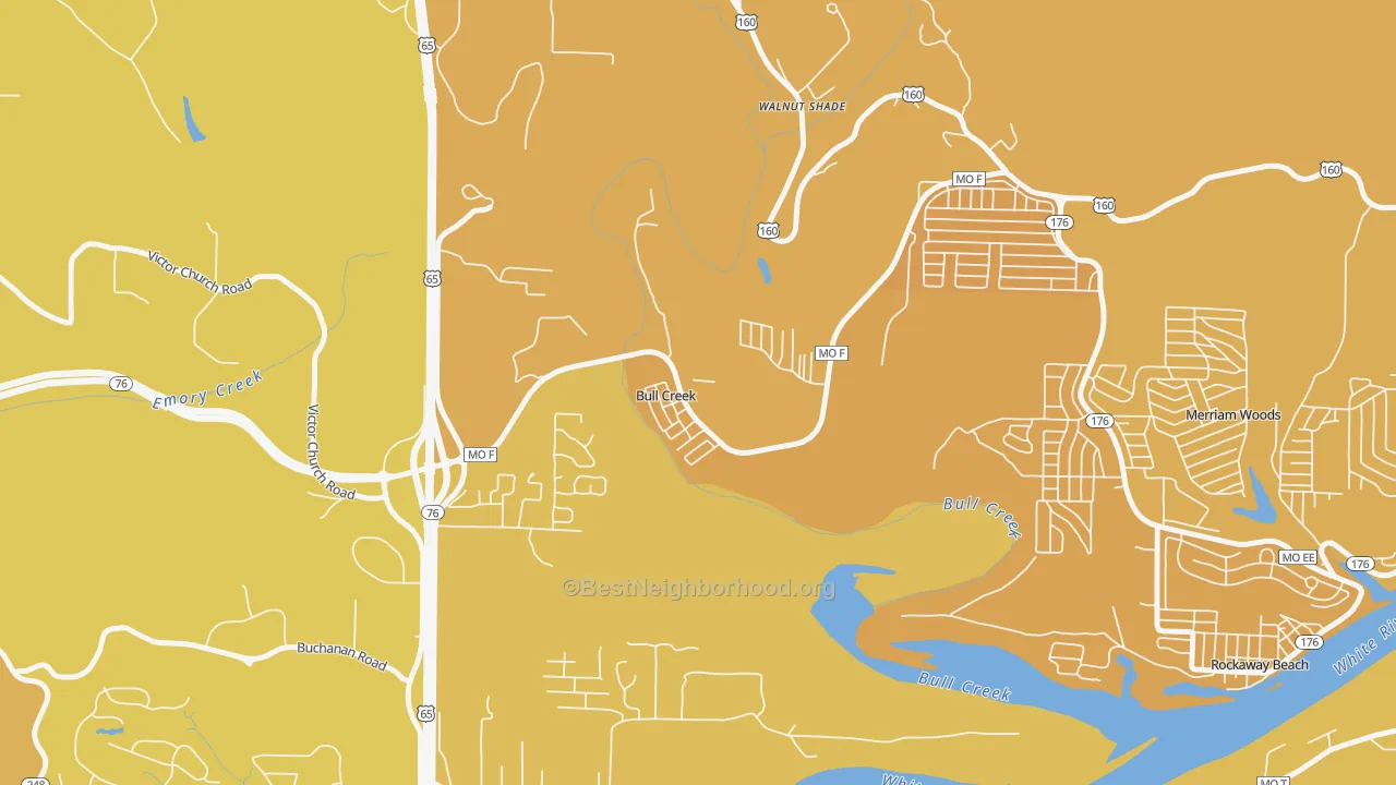 Map of the best neighborhoods in the Bull Creek area, with better matches in green and worse matches in red