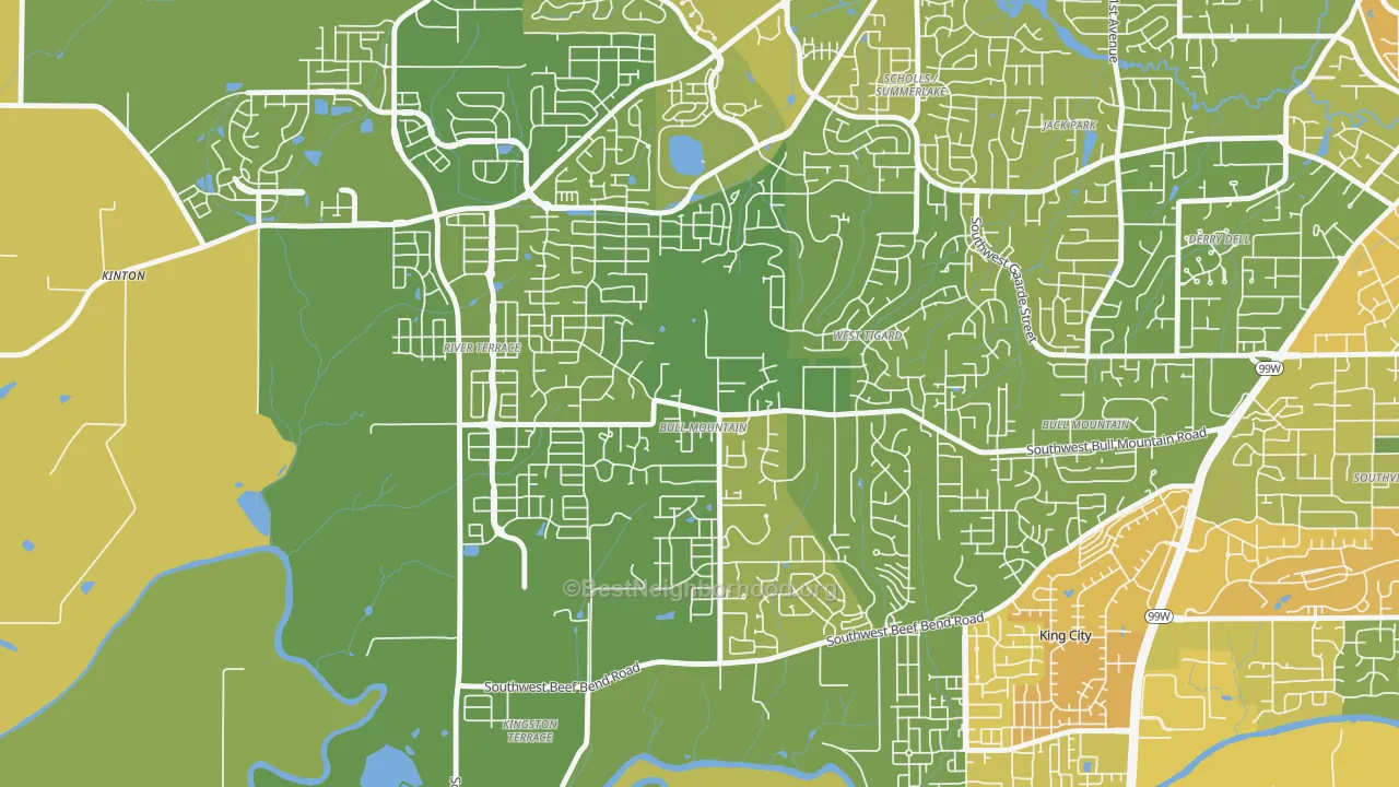 Map of the best neighborhoods in the Bull Mountain area, with better matches in green and worse matches in red