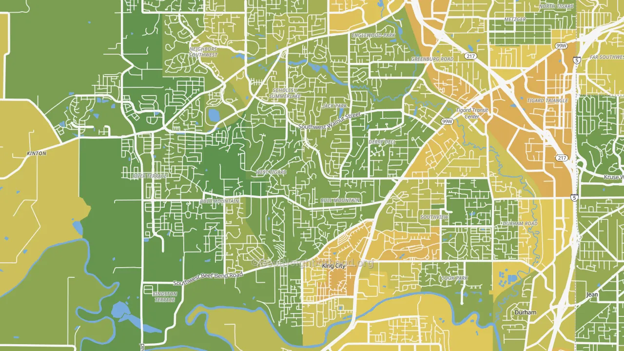 Map of the best neighborhoods in the Bull Mountain, Tigard area, with better matches in green and worse matches in red