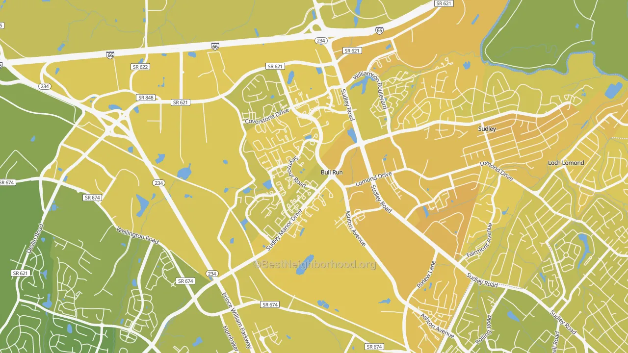 Map of the best neighborhoods in the Bull Run area, with better matches in green and worse matches in red