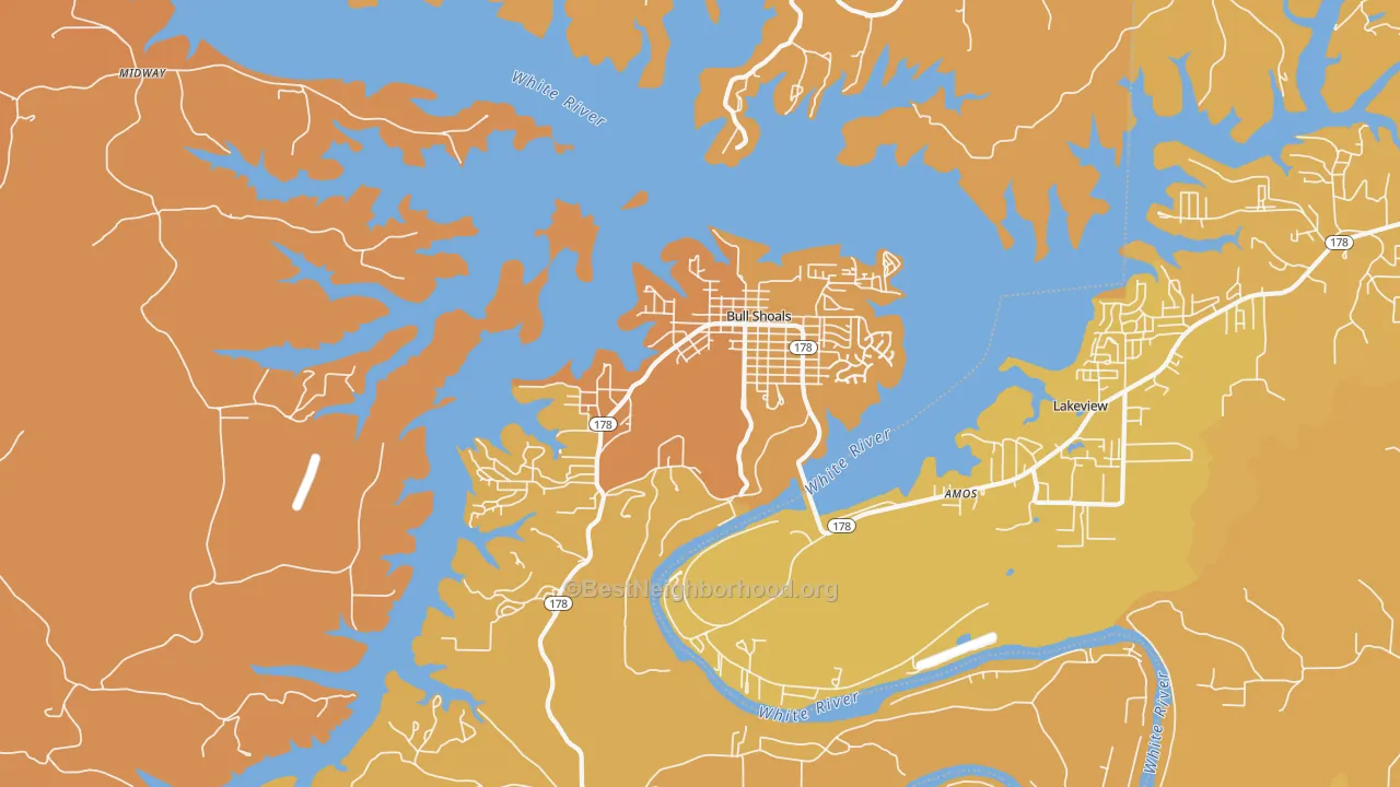 Map of the best neighborhoods in the Bull Shoals area, with better matches in green and worse matches in red