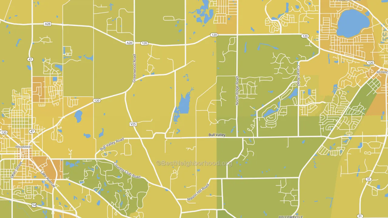 Map of the best neighborhoods in the Bull Valley area, with better matches in green and worse matches in red