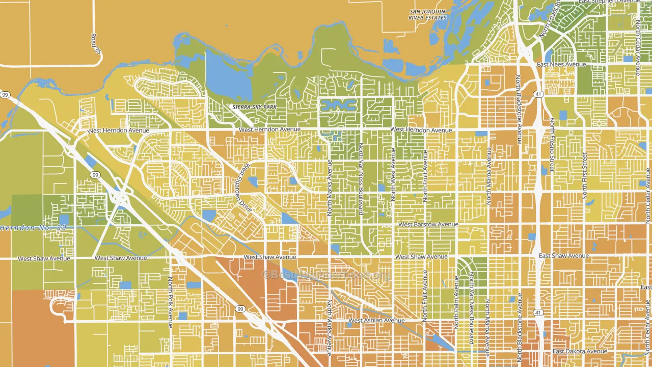 Map of the best neighborhoods in the Bullard, Fresno area, with better matches in green and worse matches in red