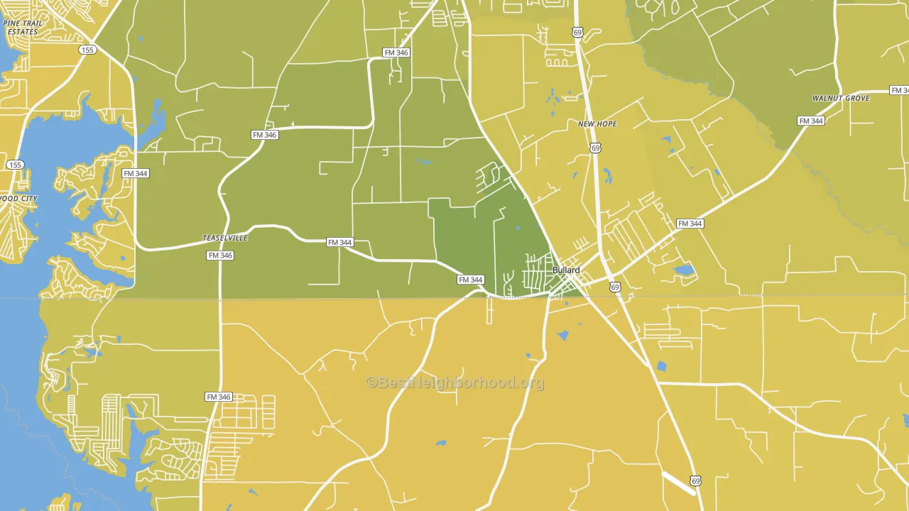 Map of the best neighborhoods in the Bullard area, with better matches in green and worse matches in red