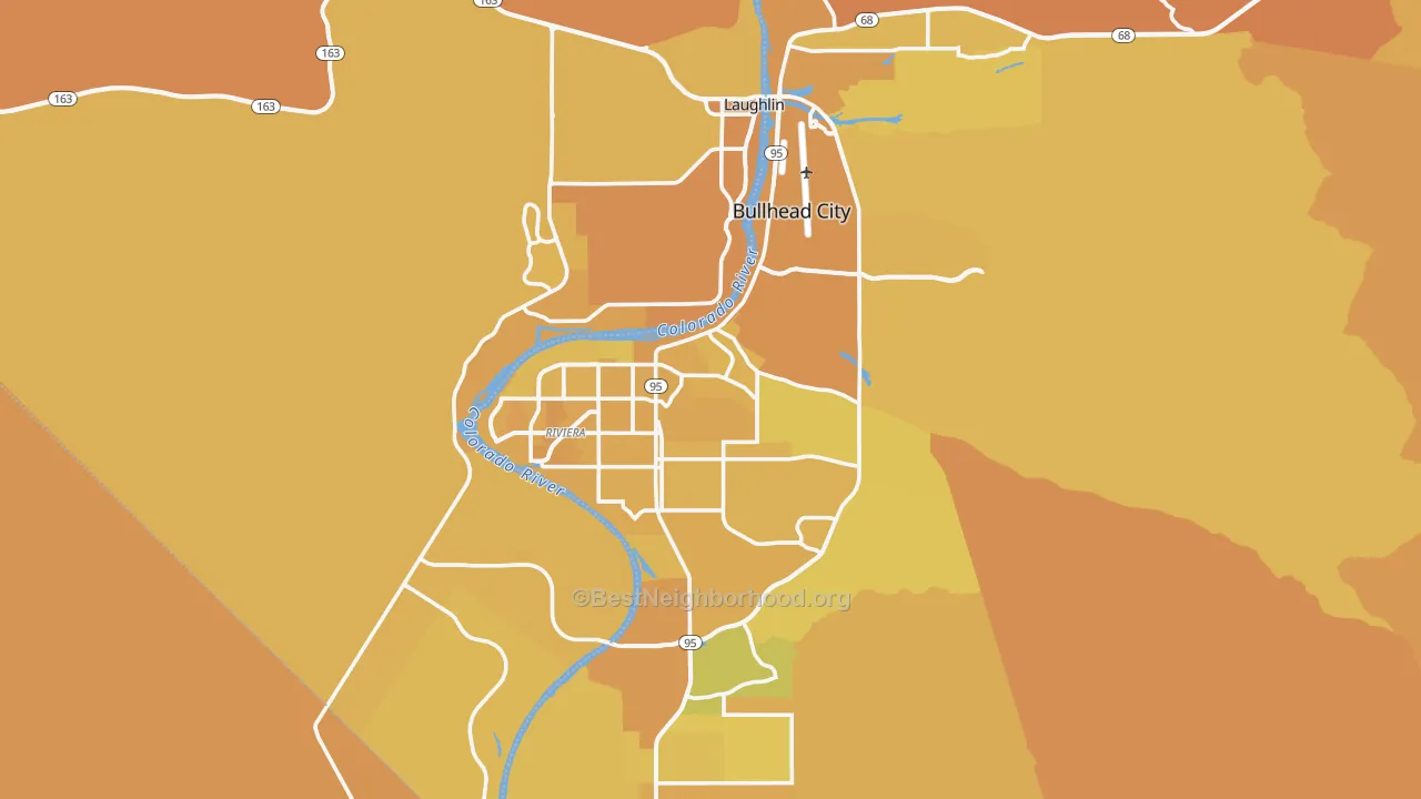 Map of the best neighborhoods in the Bullhead City area, with better matches in green and worse matches in red