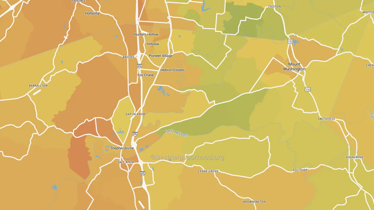 Map of the best neighborhoods in the Bullitt County area, with better matches in green and worse matches in red