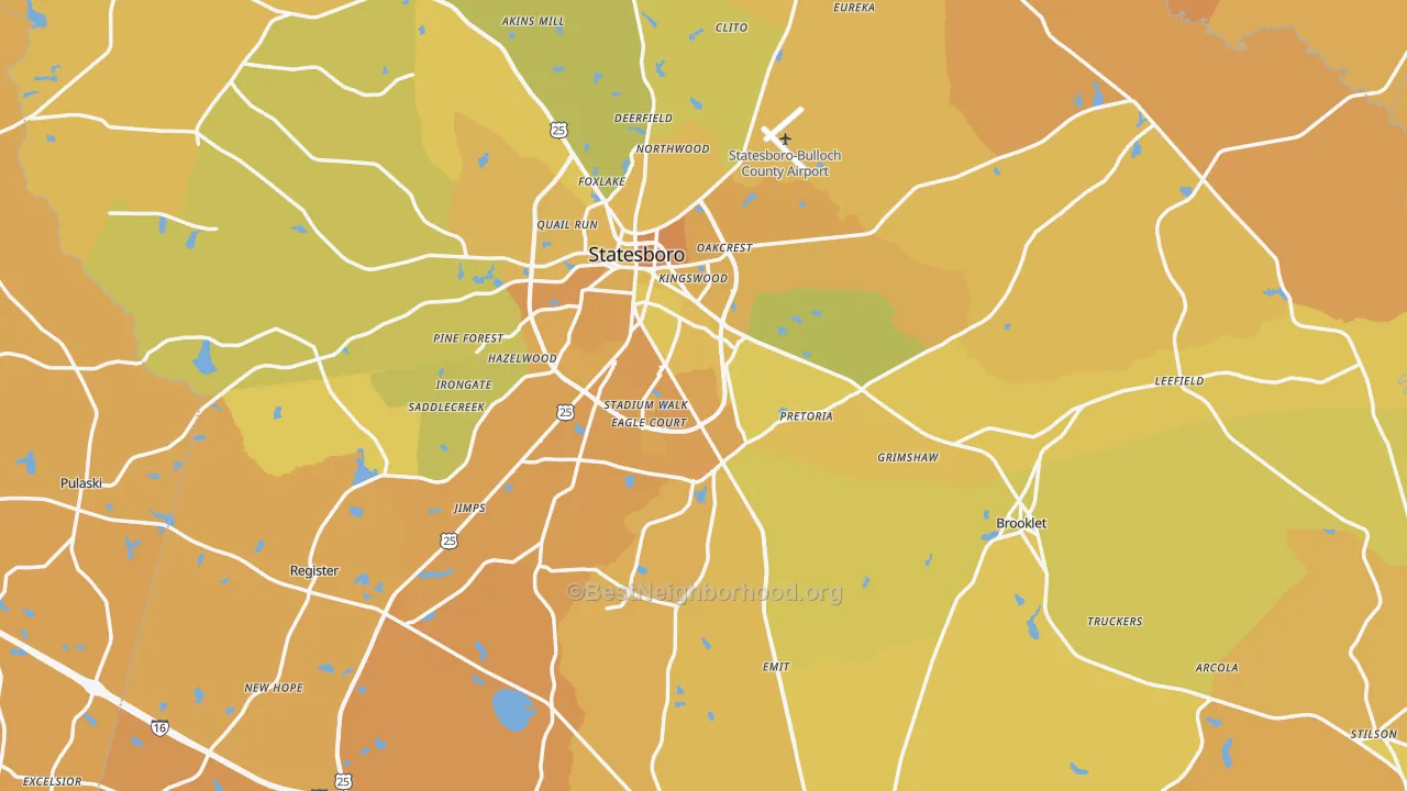 Map of the best neighborhoods in the Bulloch County area, with better matches in green and worse matches in red
