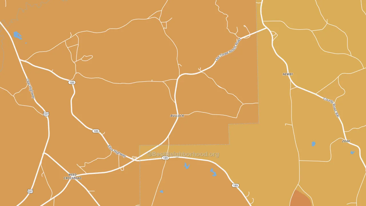 Map of the best neighborhoods in the Bullock area, with better matches in green and worse matches in red