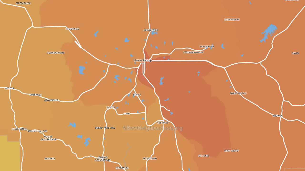 Map of the best neighborhoods in the Bullock County area, with better matches in green and worse matches in red