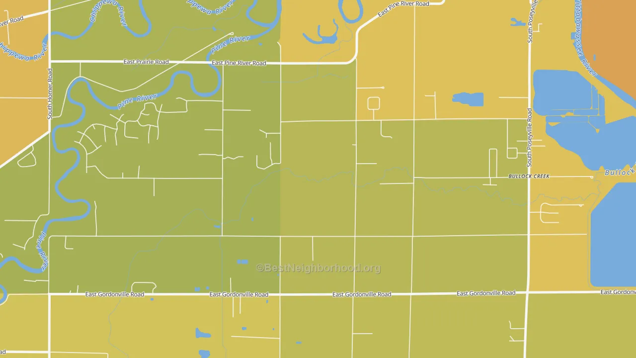 Map of the best neighborhoods in the Bullock Creek area, with better matches in green and worse matches in red