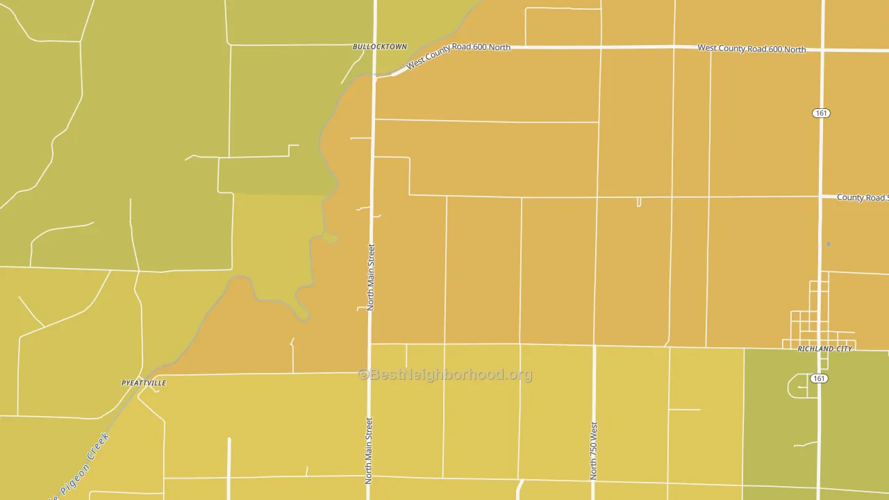 Map of the best neighborhoods in the Bullocktown area, with better matches in green and worse matches in red