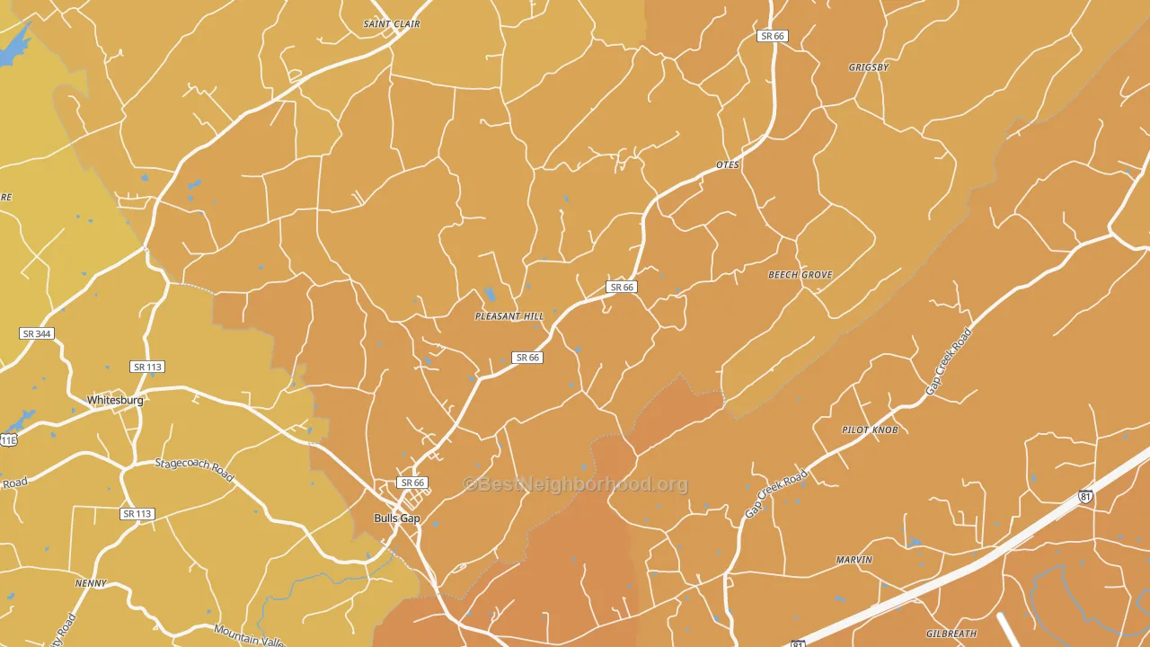 Map of the best neighborhoods in the Bulls Gap area, with better matches in green and worse matches in red