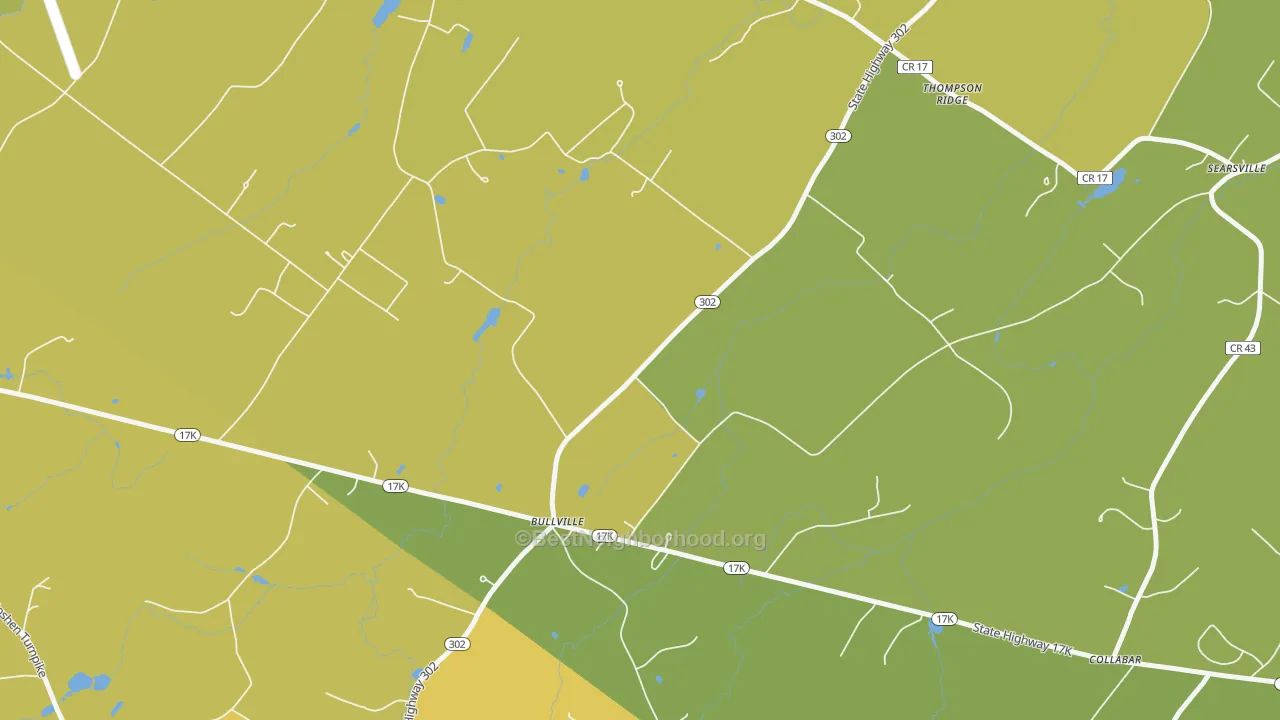 Map of the best neighborhoods in the Bullville area, with better matches in green and worse matches in red