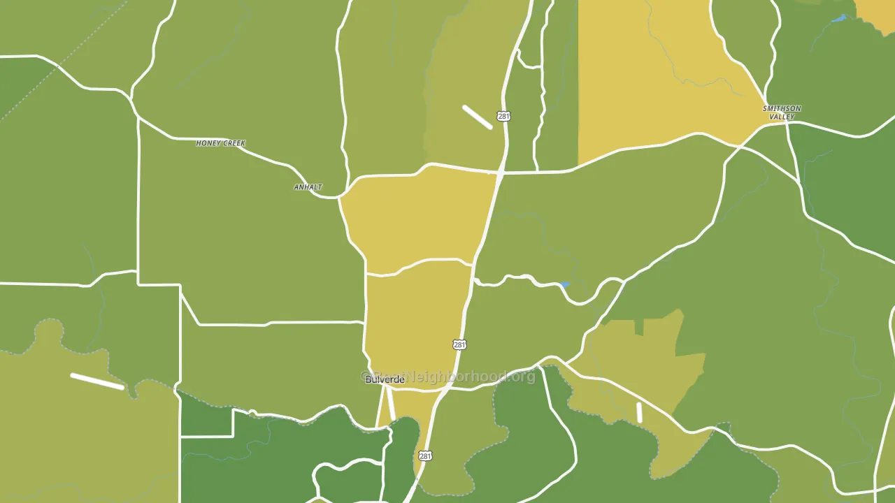 Map of the best neighborhoods in the Bulverde area, with better matches in green and worse matches in red