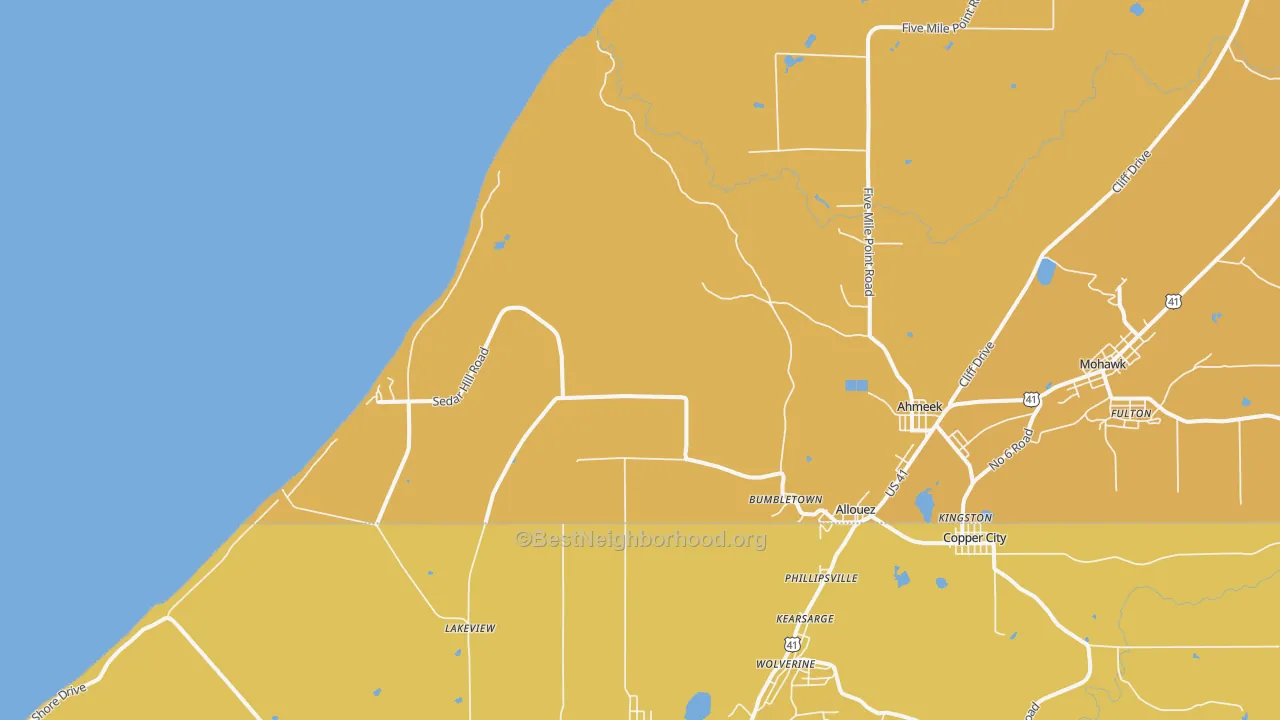 Map of the best neighborhoods in the Bumbletown area, with better matches in green and worse matches in red