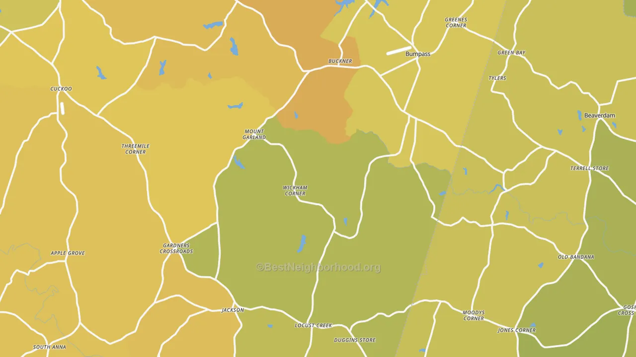 Map of the best neighborhoods in the Bumpass area, with better matches in green and worse matches in red
