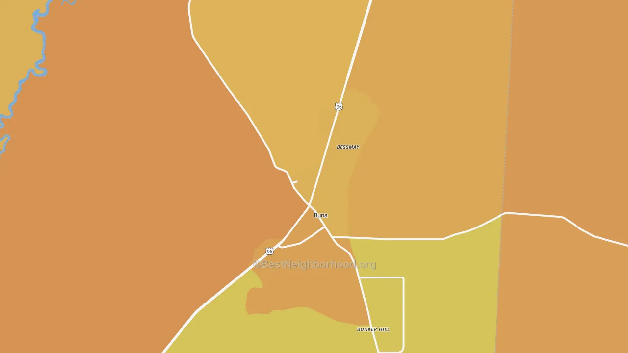 Map of the best neighborhoods in the Buna area, with better matches in green and worse matches in red