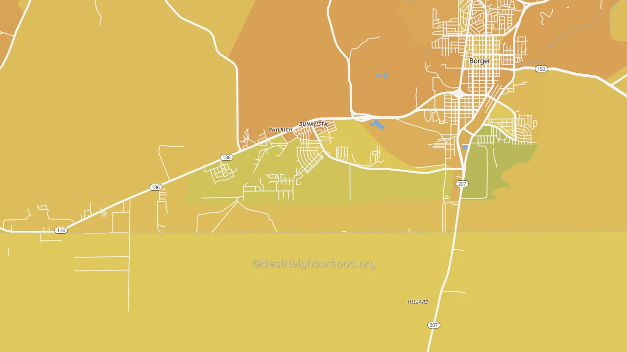Map of the best neighborhoods in the Bunavista area, with better matches in green and worse matches in red