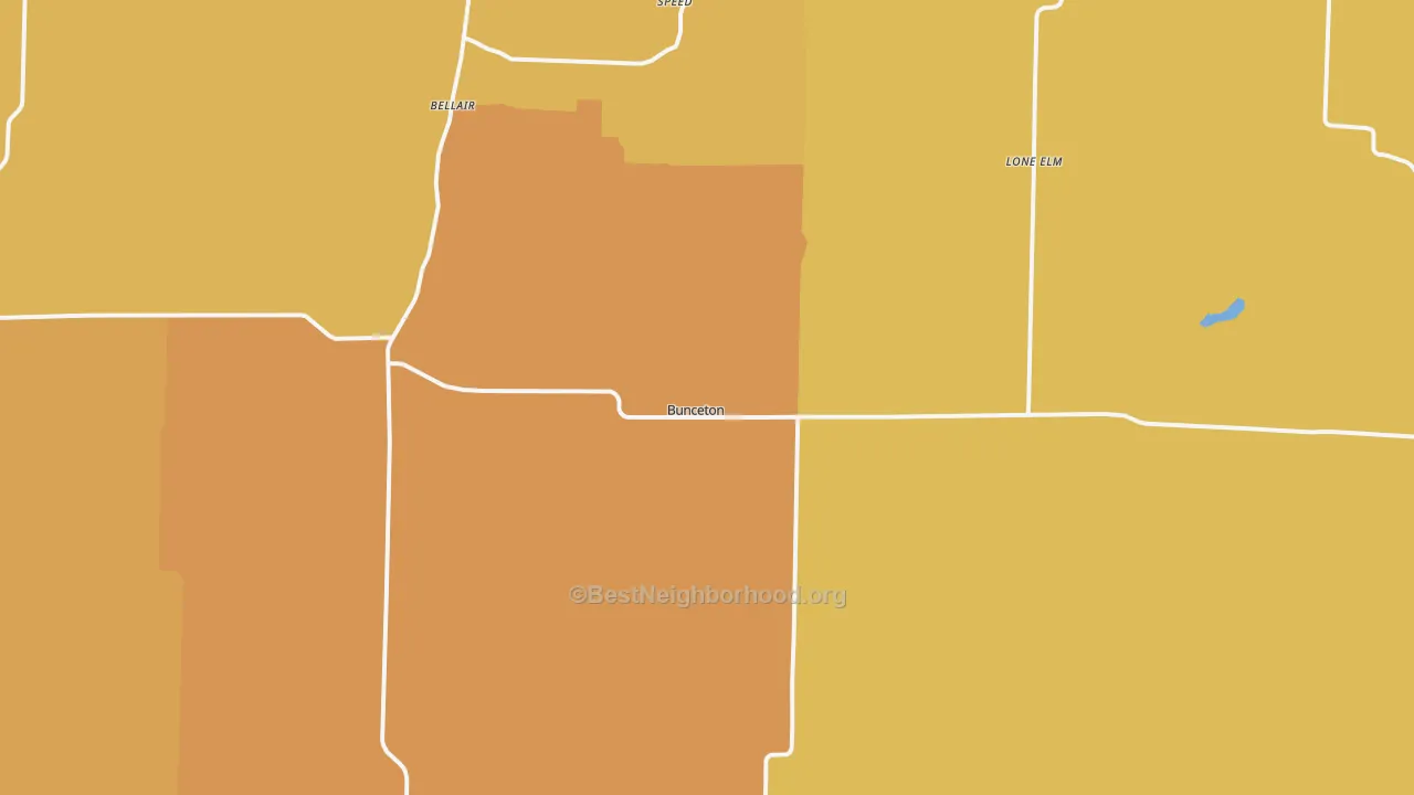 Map of the best neighborhoods in the Bunceton area, with better matches in green and worse matches in red